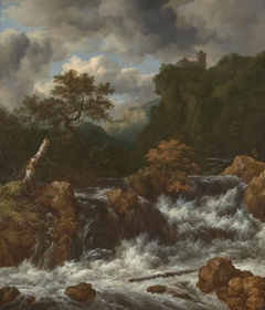 Landscape with waterfall and castle on a mountaintop by Jacob van Ruisdael