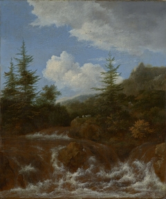 Landscape with waterfall and pine trees by Jacob van Ruisdael