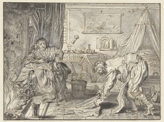 Man dweilt de vloer, terwijl zijn vrouw bij de haard zit by Adriaen Pietersz. van de Venne