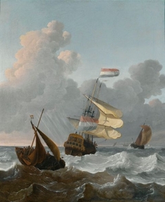 Man of War and smaller ships in rough seas by Wigerus Vitringa