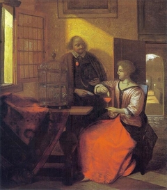 Man with a letter and a woman feeding a bird by Pieter de Hooch