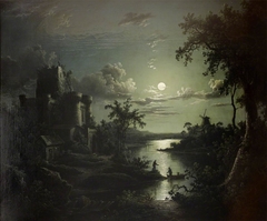 Moonlit River Landscape with a Castle, a Windmill, and Boatmen by Sebastian Pether