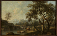 Mountain landscape with cattle at the waterhole by Giovanni Battista Cimaroli