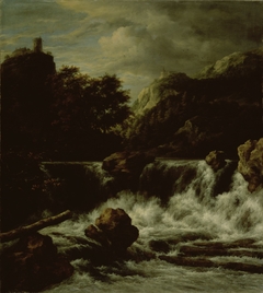 Mountainous landscape with waterfall by Jacob van Ruisdael