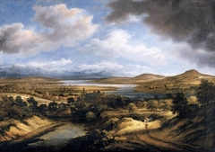 Panoramic view of a river landscape by Philip de Koninck