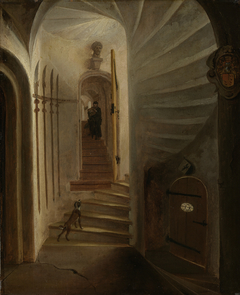 Portal of a stairway tower, with a man descending the stairs: presumably the moment before the assassination of William the Silent in the Ptinsenhof, Delft by Egbert van der Poel