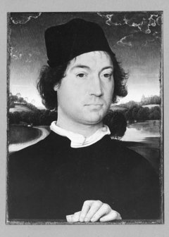 Portrait of a Gentleman in Florenz vor einer Landschaft by Follower of Hans Memling