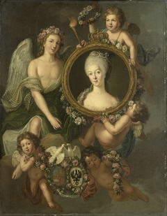 Portrait of Wilhelmina of Prussia in a medallion with allusions to her marriage to Prince William V on 4 October 1767 in Berlin (Frederika Sophia Wilhelmina) by Friedrich Reclam