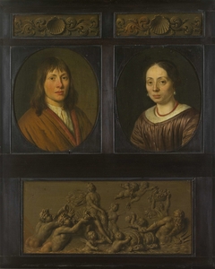 Portraits of a Man and a Woman framed with two ornamental frieze miniatures with shell motif and a Triumph of Amphitrite by Pieter Cornelisz van Slingelandt