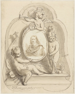 Portretmedaillon omringd door putti by Franciscus Xaverius Xavery