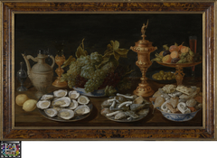 Pronkstilleven met oesters, vruchten en gebak by Jacob van Es