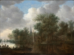 River landscape with boats and cottages on the bank by Jan van Goyen