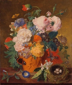 Roses and other flowers in a terracotta pot by Jan van Huysum