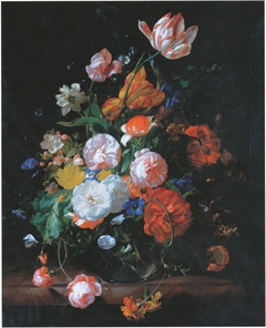 Roses, tulips and other flowers in a glass vase on a marble ledge by Rachel Ruysch