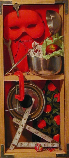 "Scarlet & Stainless Steel" by Lydia Martin© (24"x8") oil on linen and wood by Lydia Martin