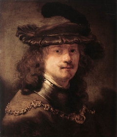 Self portrait with a velvet beret and gold chain by Rembrandt