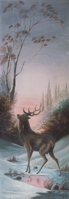 Stag in snowy landscape by Ethel Morgan