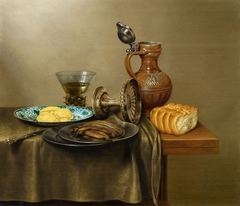 Still life of smoked herring, bread, berkemeyer, tazza, and stoneware jug, 1646 by Gerret Willemsz Heda