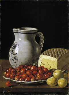 Still Life with a Plate of Cherries Plums a Pitcher and Cheese by Luis Egidio Meléndez