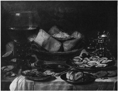 Still life with a roemer, basket of cheese and oysters by Pieter Claesz