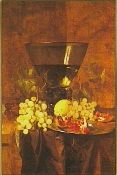 Still life with berkemeyer, grapes, lemon and passionfruit by Jacques de Claeuw