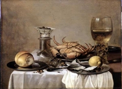 Still life with crab, rummer, salt cellar and porcelain bowl by Pieter Claesz