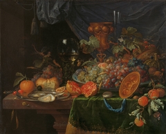 Still life with fruit and oysters by Abraham Mignon