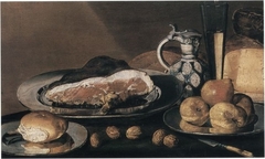 Still life with ham, stoneware jug, wine glass, cheese, nuts and fruit by Isaac Wigans