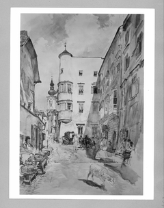 Straße mit Verkaufsständen und Staffage (Gmunden) by Rudolf von Alt