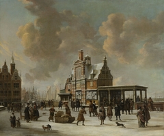 The Paalhuis and the Nieuwe Brug, Amsterdam, in the winter by Jan Abrahamsz Beerstraaten