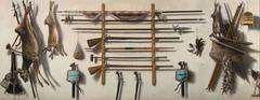 Trompe-l'oeil of an arms rack with a leading staff, a partizan, a matchlock musket, a longbow, a fowling piece with pistols, game bags, dead game and other instruments of the chase hanging on a wall by Jacob Biltius