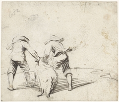 Twee jongens trekken een schaap voort, van achteren by Harmen ter Borch