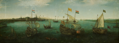 Het IJ vanuit het oosten-Het IJ naar het westen gezien met rechts het profiel van de stad-The IJ to the West by Hendrick Cornelisz Vroom