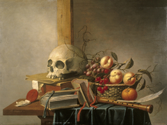 Vanitas stilleven met schedel, boeken en fruit by Harmen Steenwijck