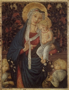 ''Virgin and Child with Two Angels Before a Rose Hedge'' by Anonymous