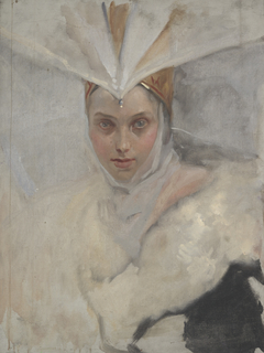 Woman with osprey headdress and white fur collar by Edwin Austin Abbey