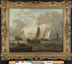 Zeilboten aan de ingang van een haven by Abraham Storck