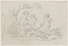 Zittende vrouw met twee putti met bloemenguirlande by Pieter de Goeje