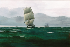 A frigate at sea in cloudy weather. by Emanuel Petersen