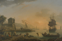 A Grand View of the Sea Shore Enriched with Buildings Shipping and Figures by Claude-Joseph Vernet