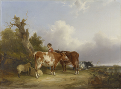 "A Group from Nature": a Dairymaid with Sheep and Cattle in a Landscape by William Shayer