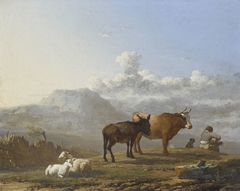 A Herdsman with an Ox, an Ass and Sheep in the Campagna by Karel Dujardin