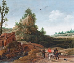 A landscape with travellers crossing a bridge before a small dwelling, horsemen in the foreground by Esaias van de Velde