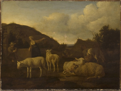 A Shepherd and a Shepherdess with a Flock of Sheep by Adriaen van de Velde