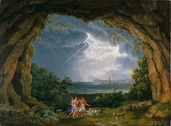 Aeneas und Dido flüchten vor dem Unwetter in eine Grotte by Jacob Philipp Hackert