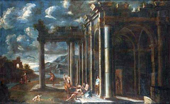 An architectural capriccio with Christ giving the keys to Peter by Clemente Spera