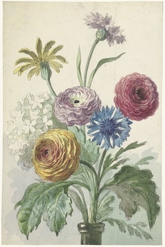 Boeket bloemen in de hals van een groene vaas by Willem van Leen