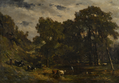 Boslandschap met vijver en boeren met vee by Willem Roelofs