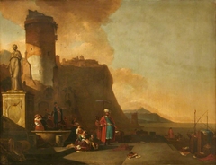 Capriccio of a Seaport with Orientals and an Antique Statue by Thomas Wijck