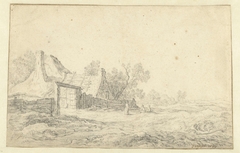 Duinlandschap met drie figuren voor een boerderij by Pieter de Neyn